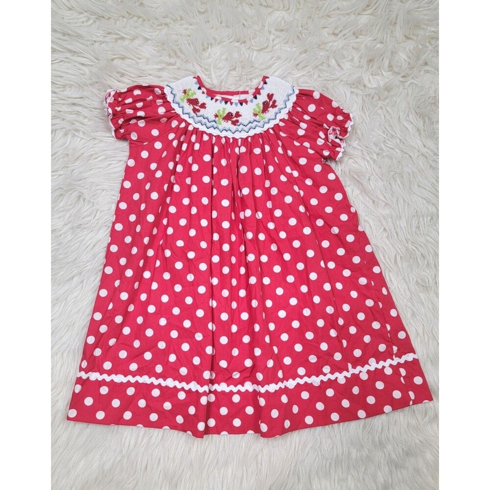 Marmellata Smocked Bishop Dress Girls Sz 3T Red White Polkadot Embroidered Crabs
